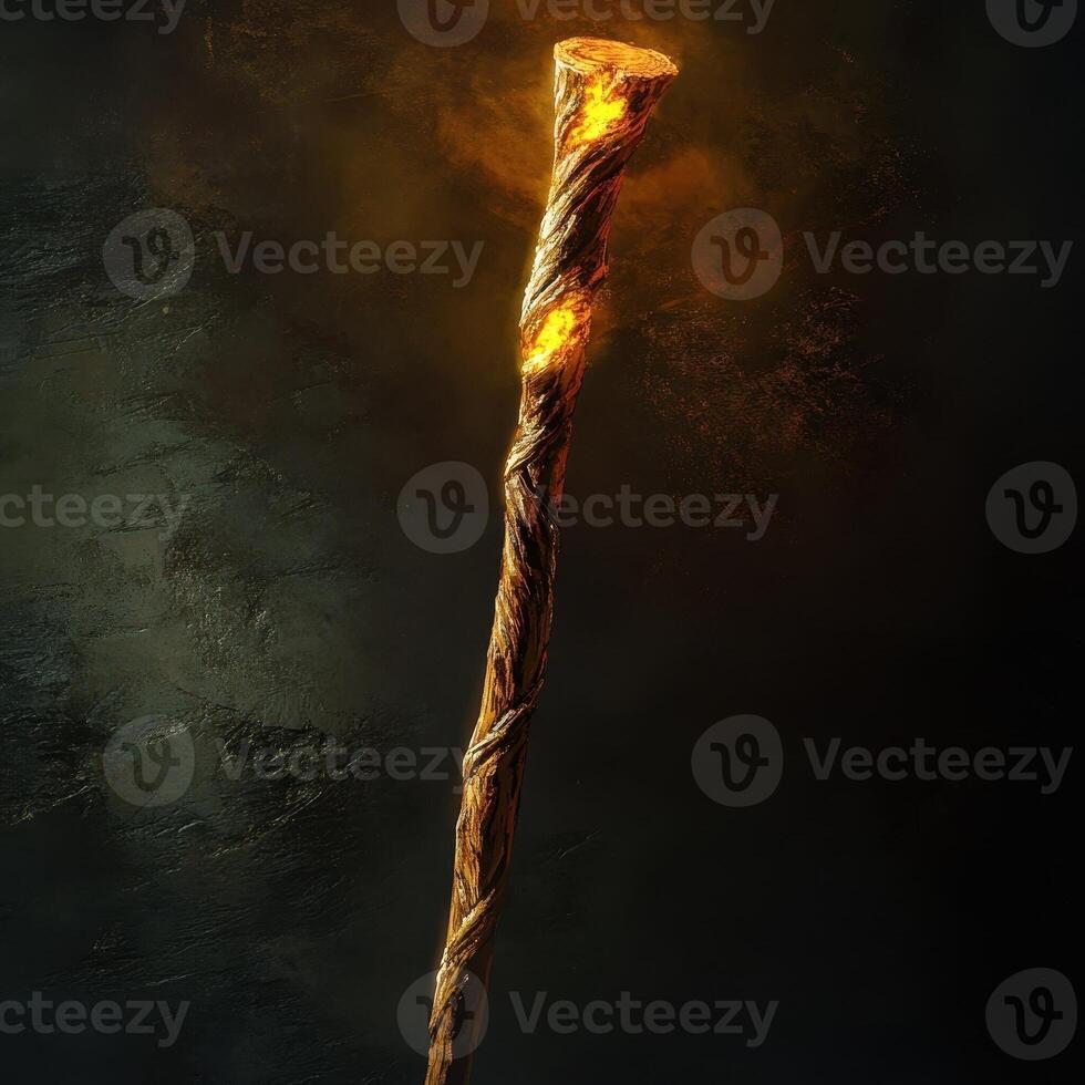 Glowing wooden staff with magical fire light emerging from it photo