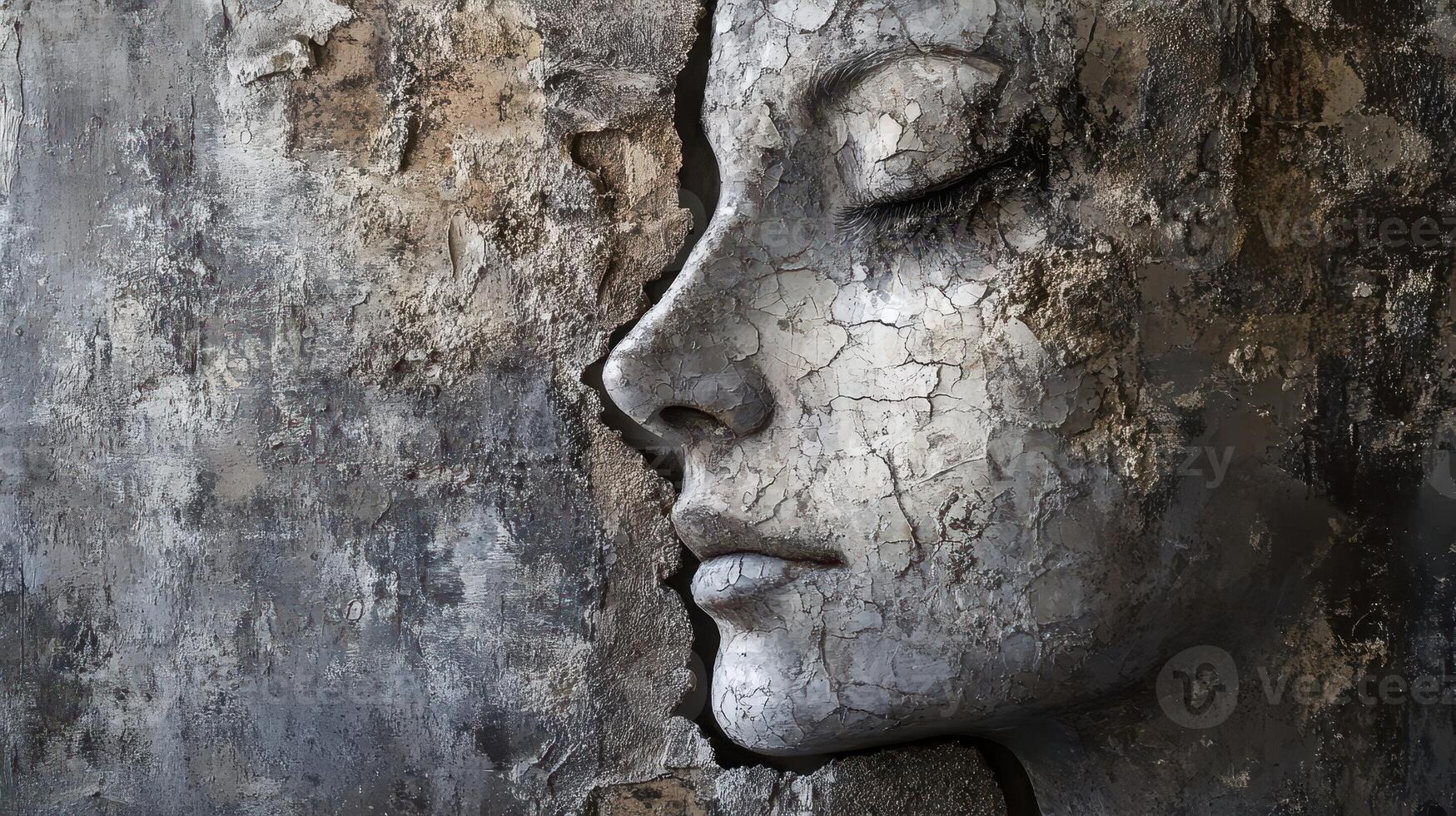 Stone face sculpture with eyes closed and cracked texture photo
