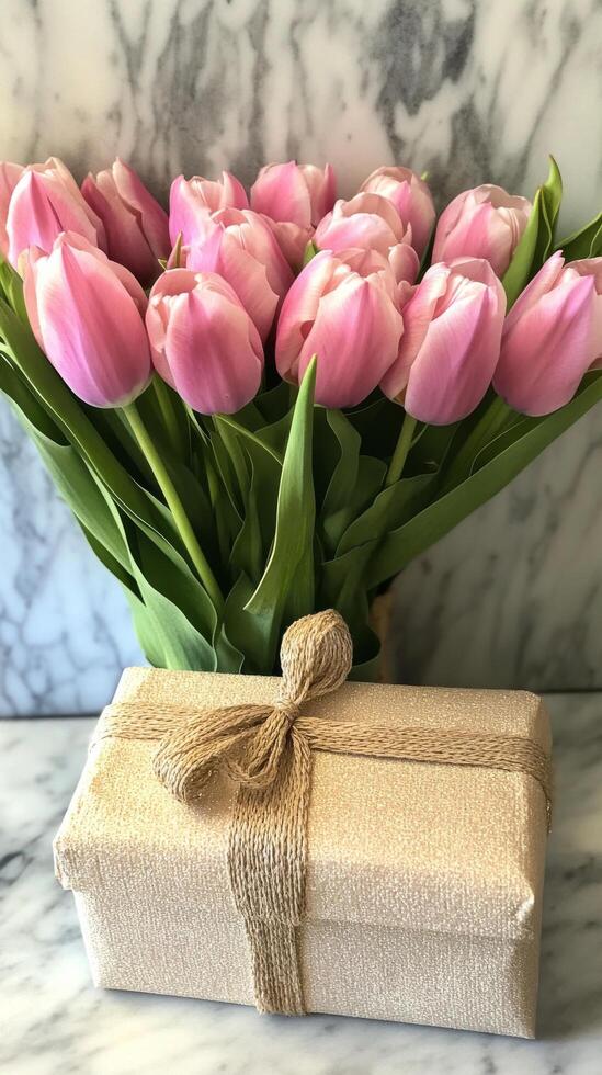 A bouquet of pink tulips and a gift box photo