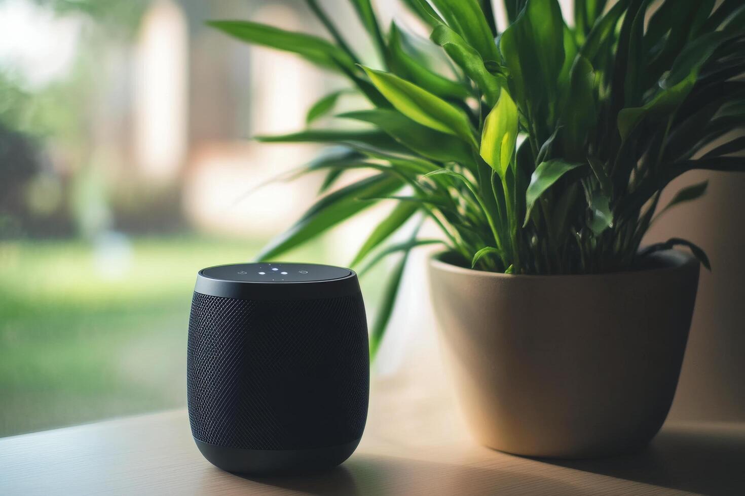 A smart speaker next to a plant photo