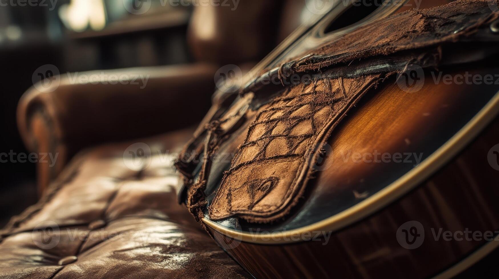 Mandolin with brown leather strap rests on leather armchair photo