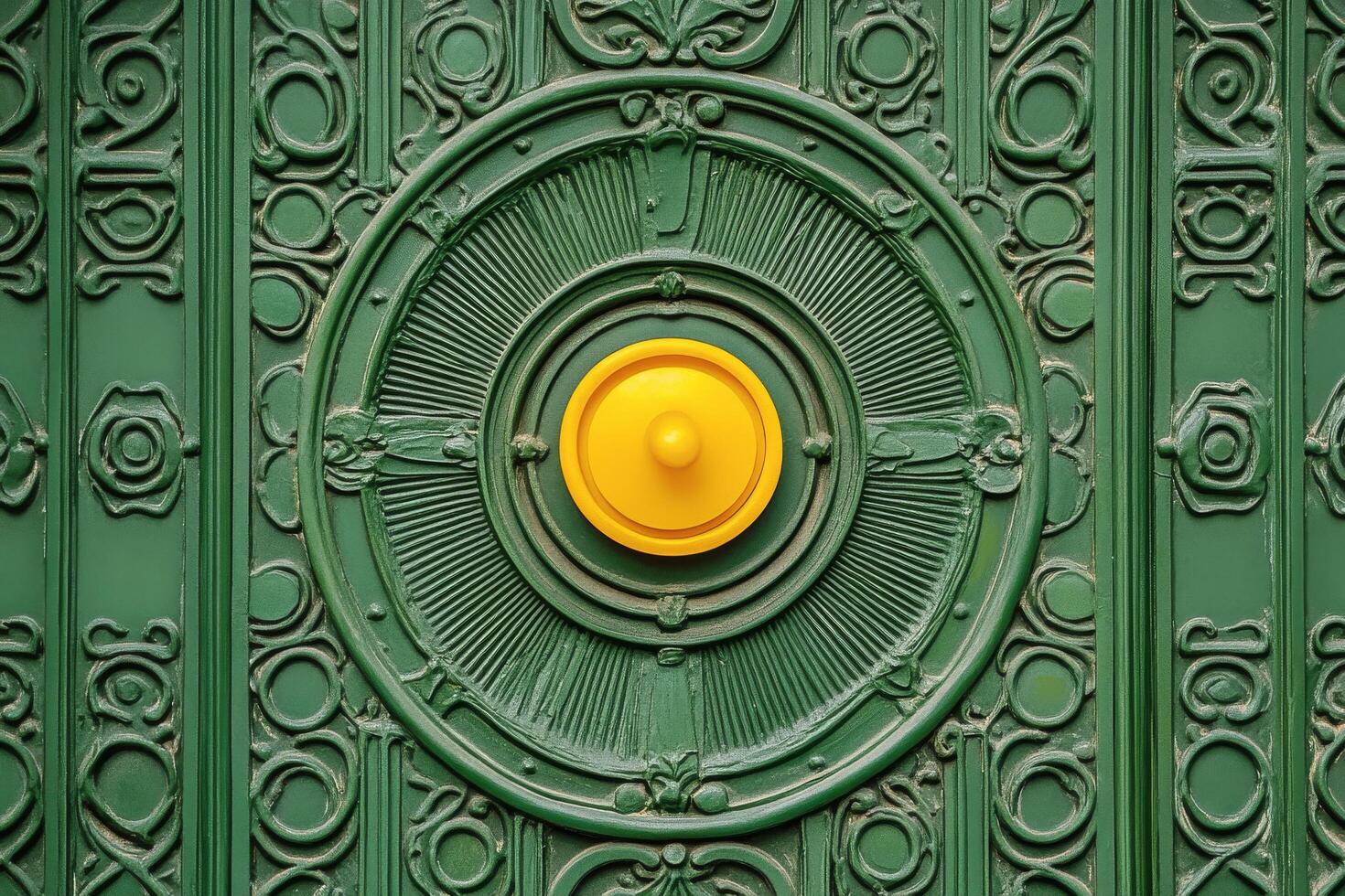 A green door with a yellow button on it photo