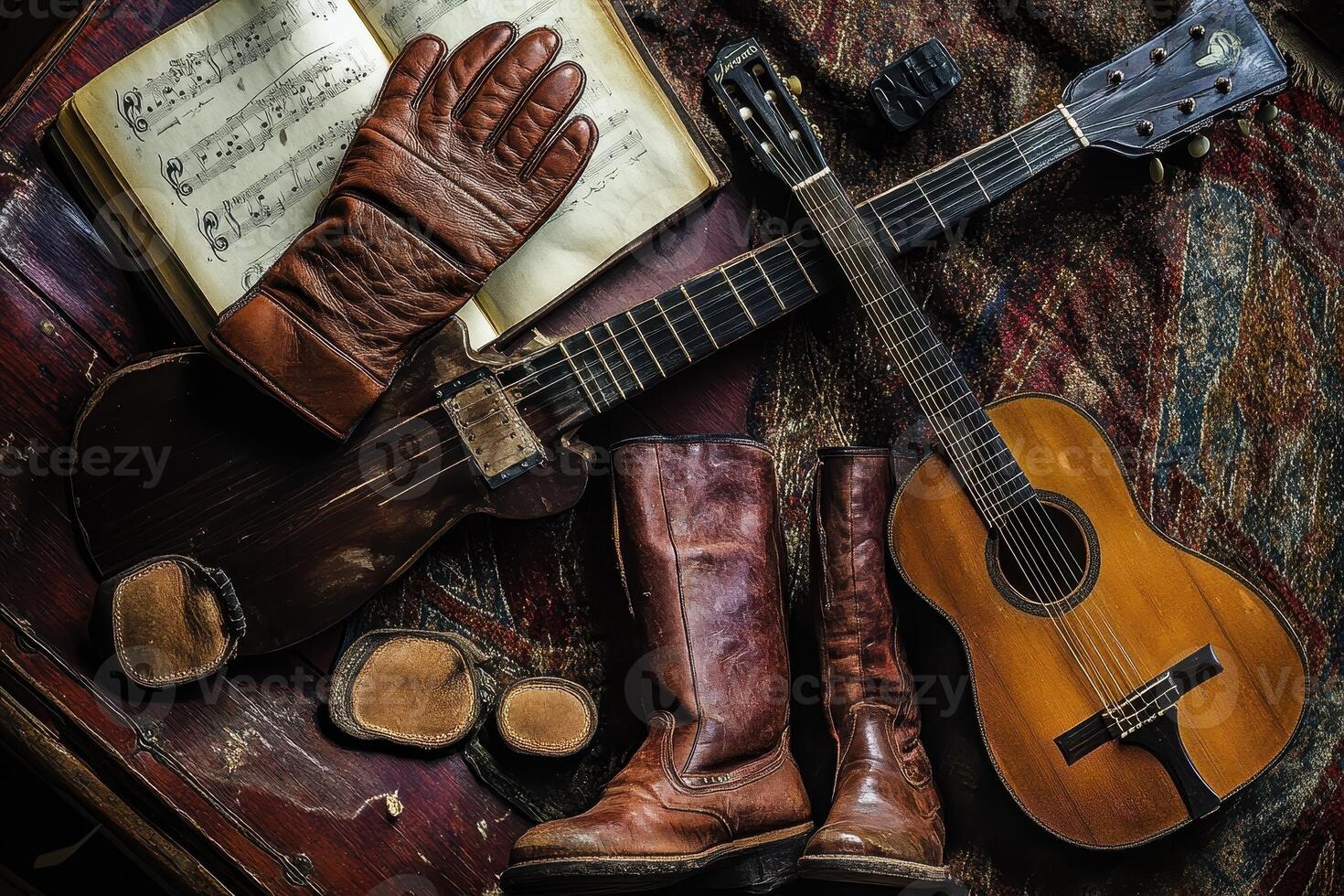 Guitars boots and music create a rustic artistic arrangement photo