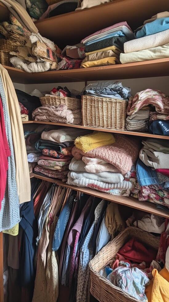 A closet with many clothes and baskets photo