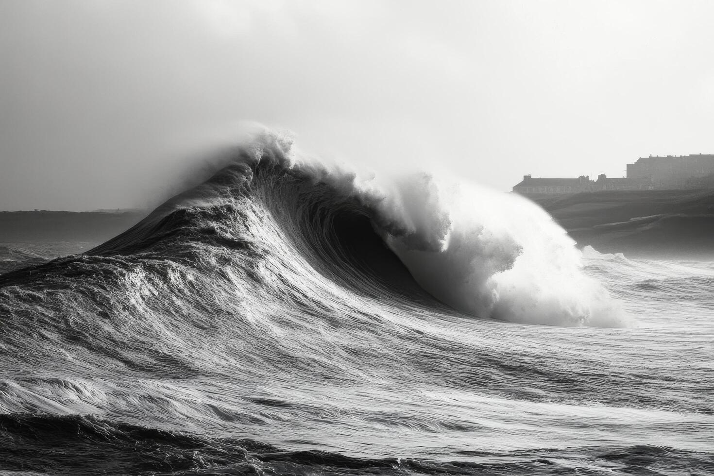 A black and white photo of a large wave
