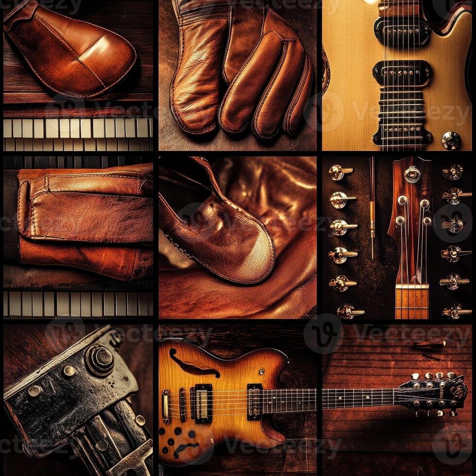 A collage showcases musical instruments and brown leather accessories photo