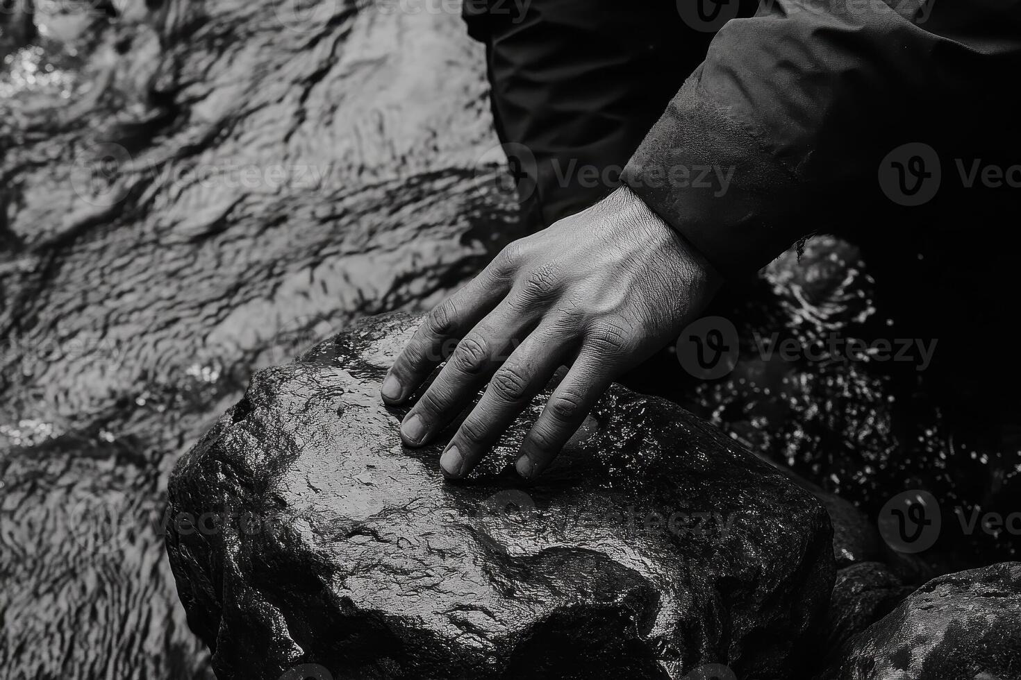 Hand gently touches a large rock near flowing water photo