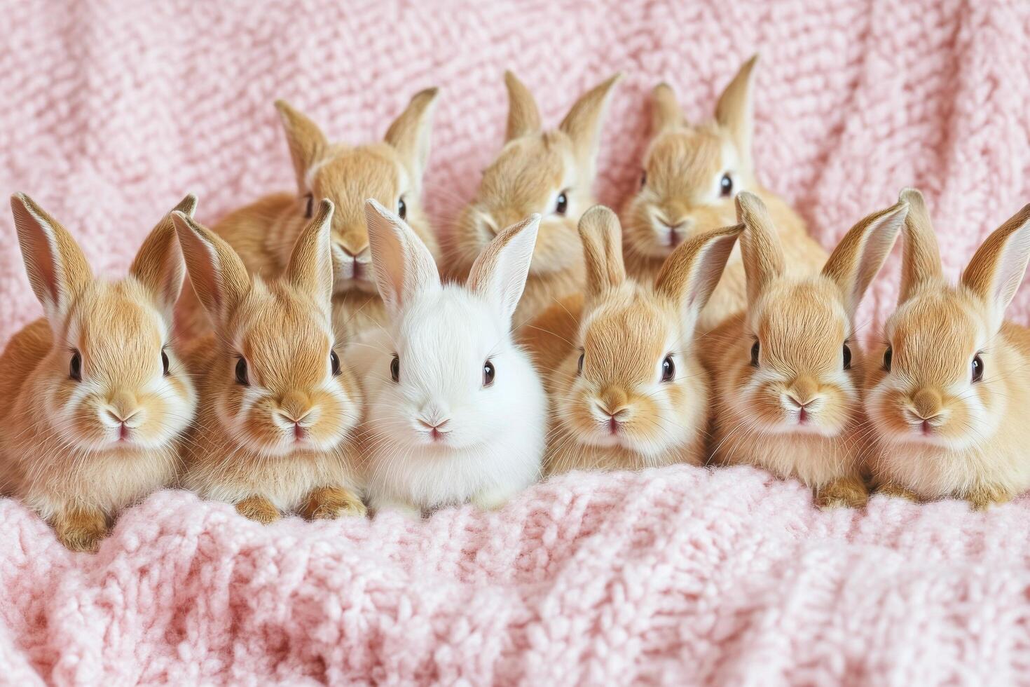 A group of rabbits sitting on a pink blanket photo