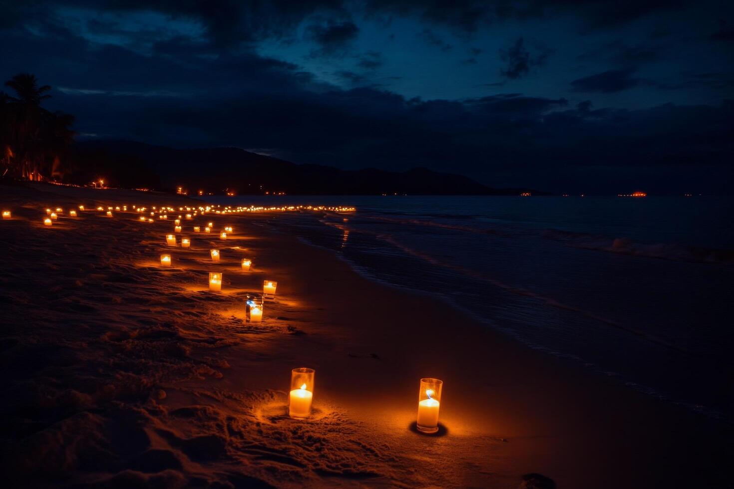 Candles on the beach at night photo