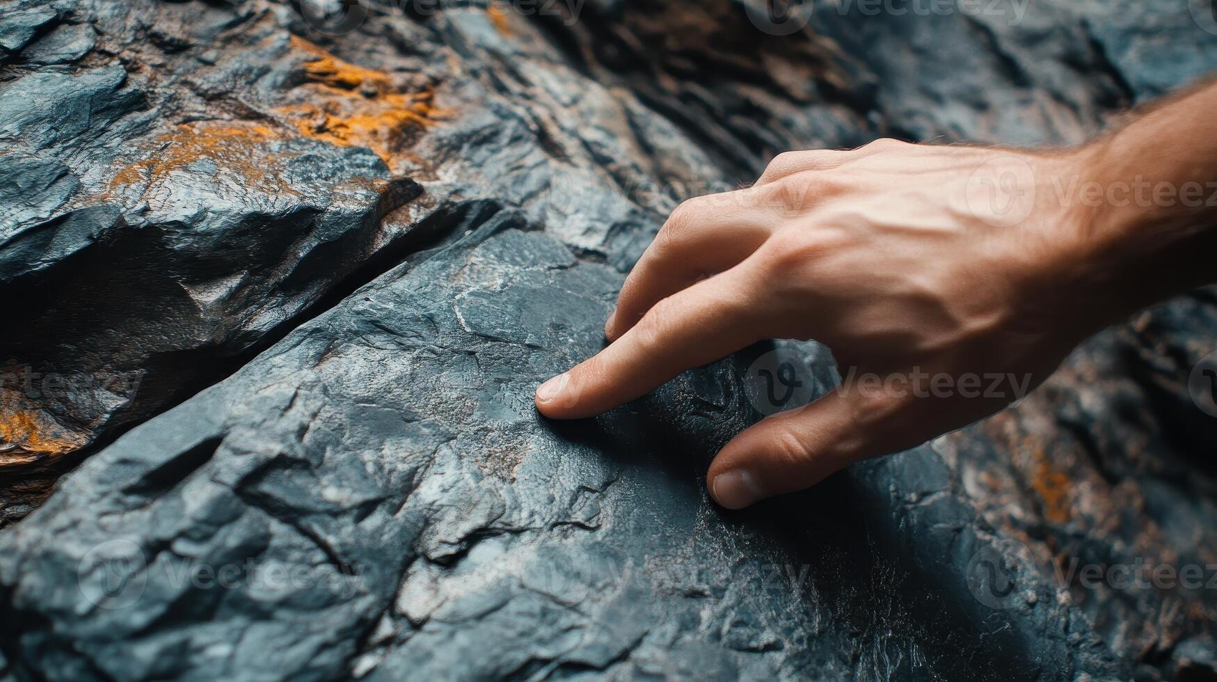 A hand touching the rough textured surface of a dark rock photo