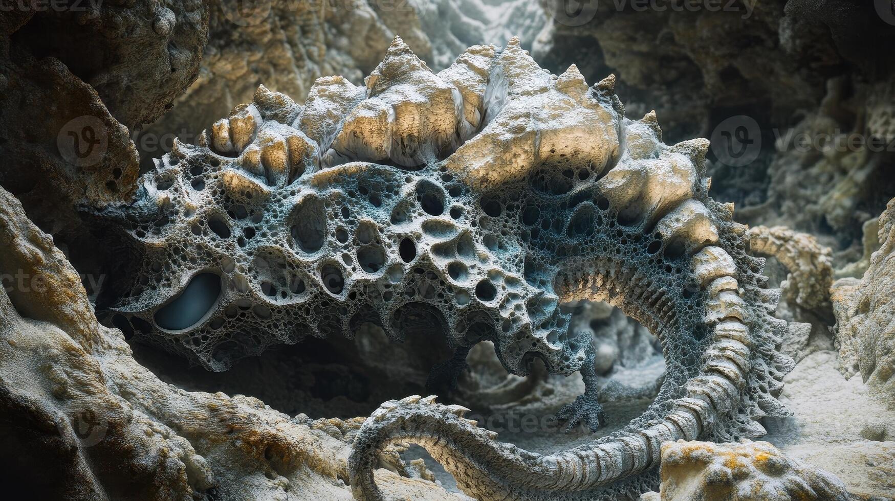 Unusual creature with porous shell in rocky environment is depicted photo