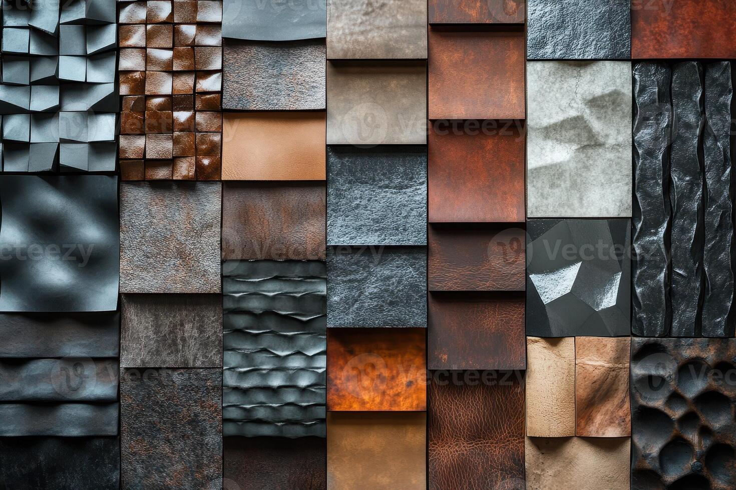 Textured square tiles display various materials and surface patterns photo