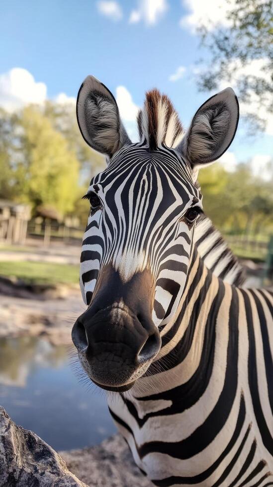 A zebra standing next to a pond photo