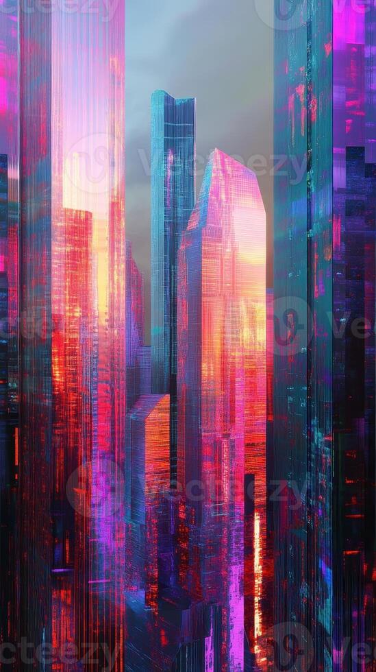 Abstract cityscape with colorful high rise buildings reflecting light photo