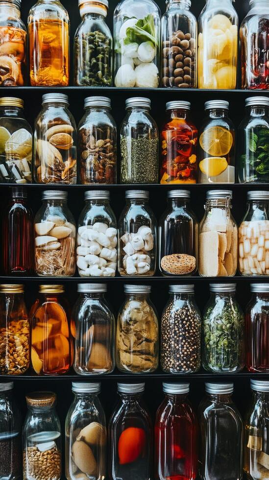 Many jars of different types of food are on display photo