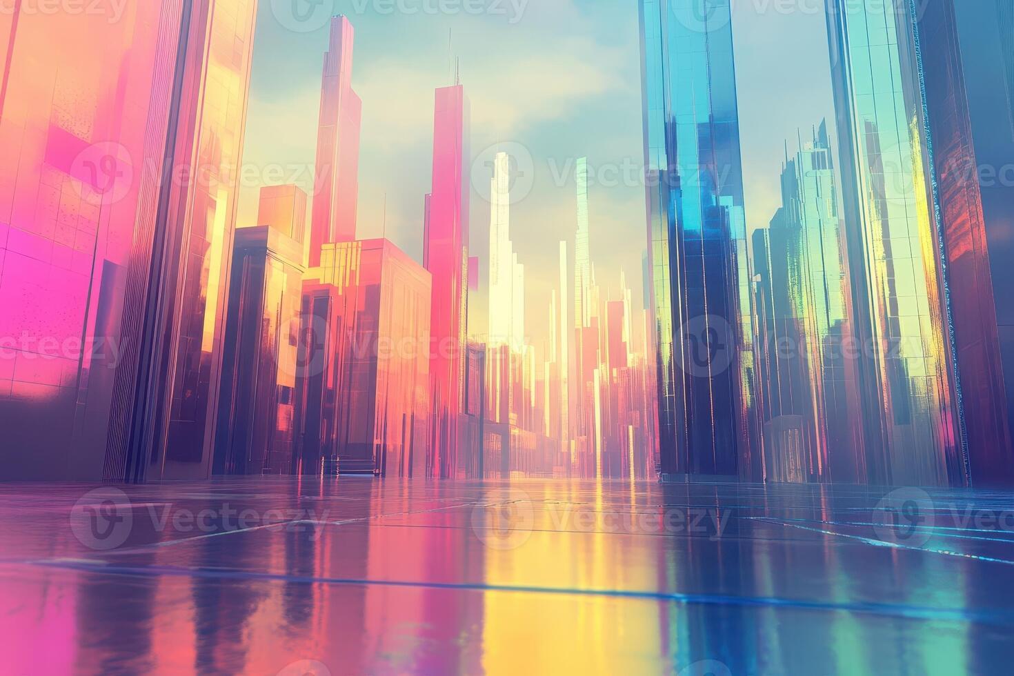Abstract cityscape with reflective surfaces and vibrant color gradients photo