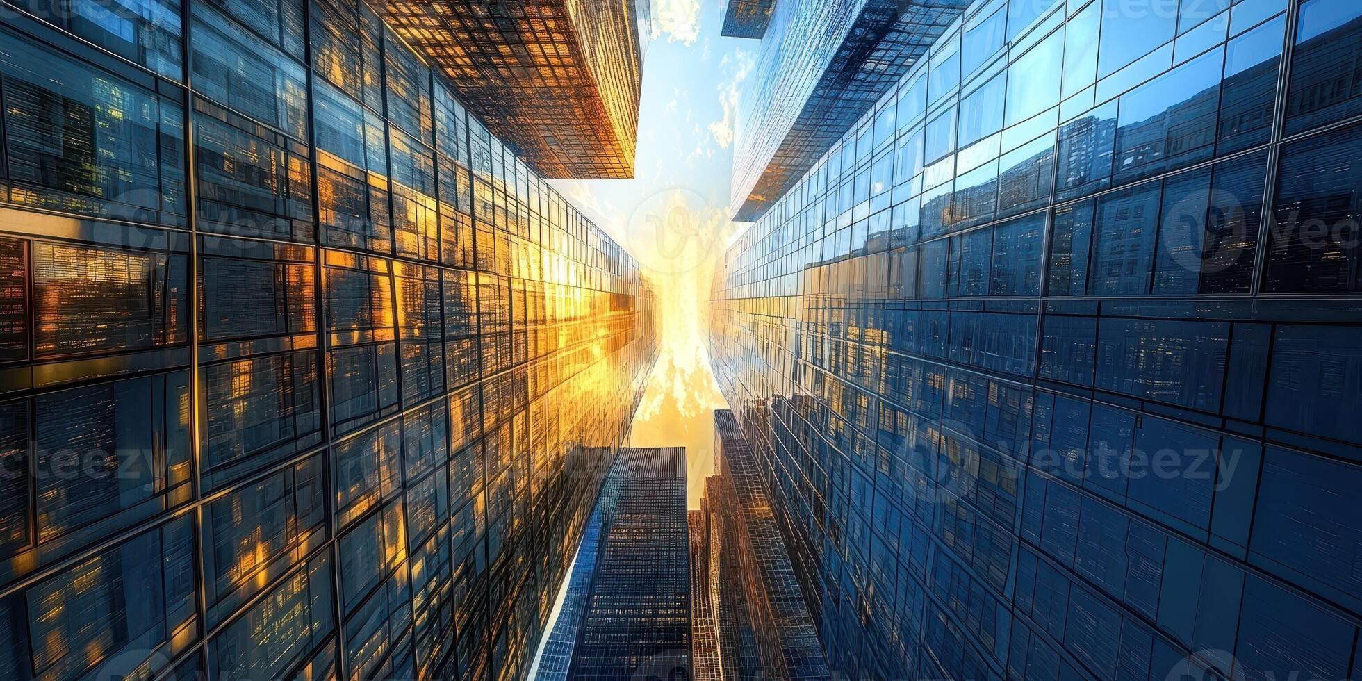 Skyscrapers rise against the sky showing the reflections of sunlight photo