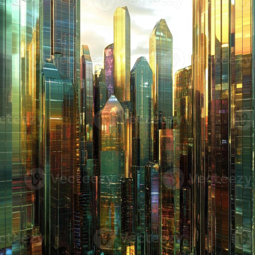 Golden skyscrapers gleam in the light of a setting sun photo
