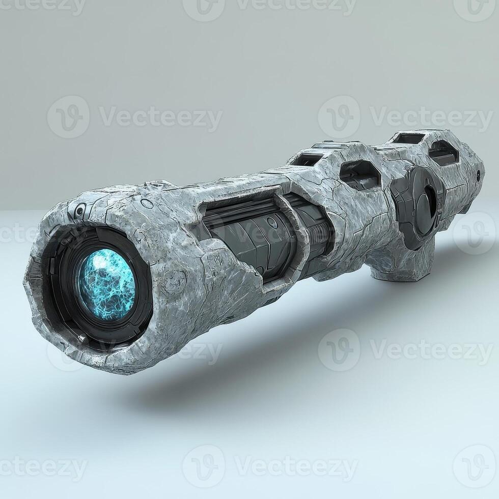 Futuristic stone like weapon with glowing blue energy source photo