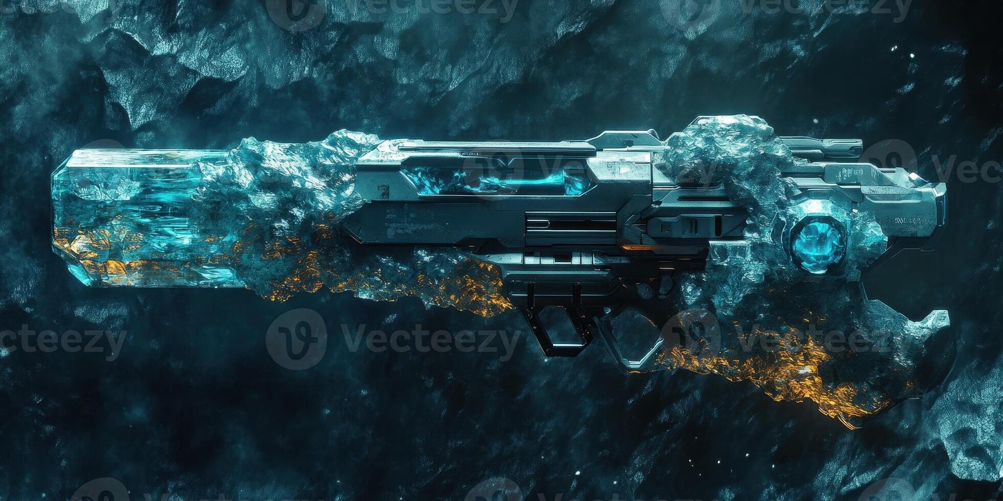 Futuristic gun partly encased in blue crystal and grey stone photo