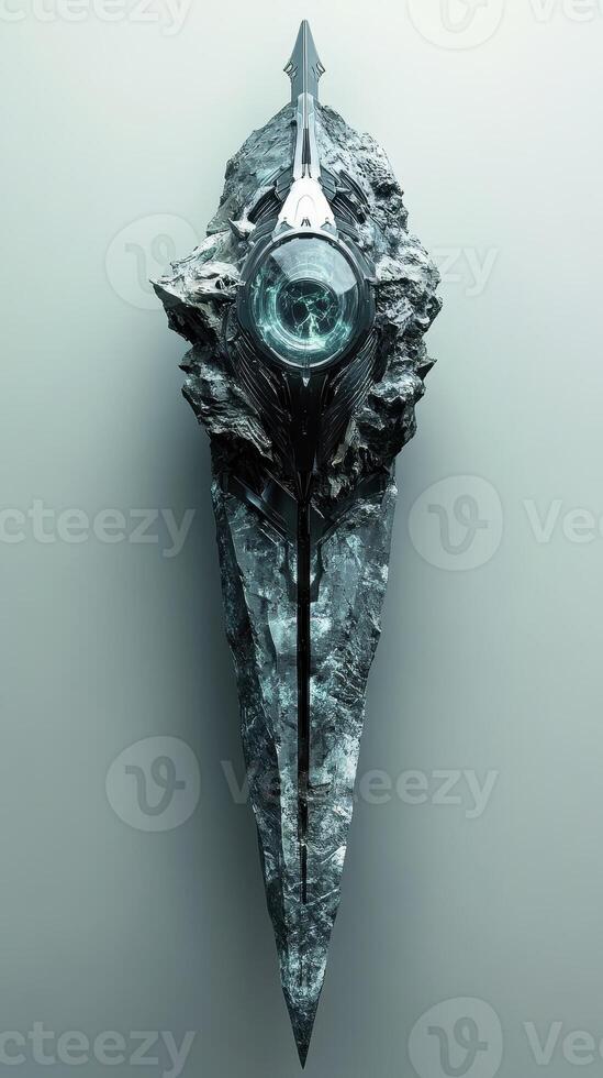 Intricate stone dagger features an orb at its center photo