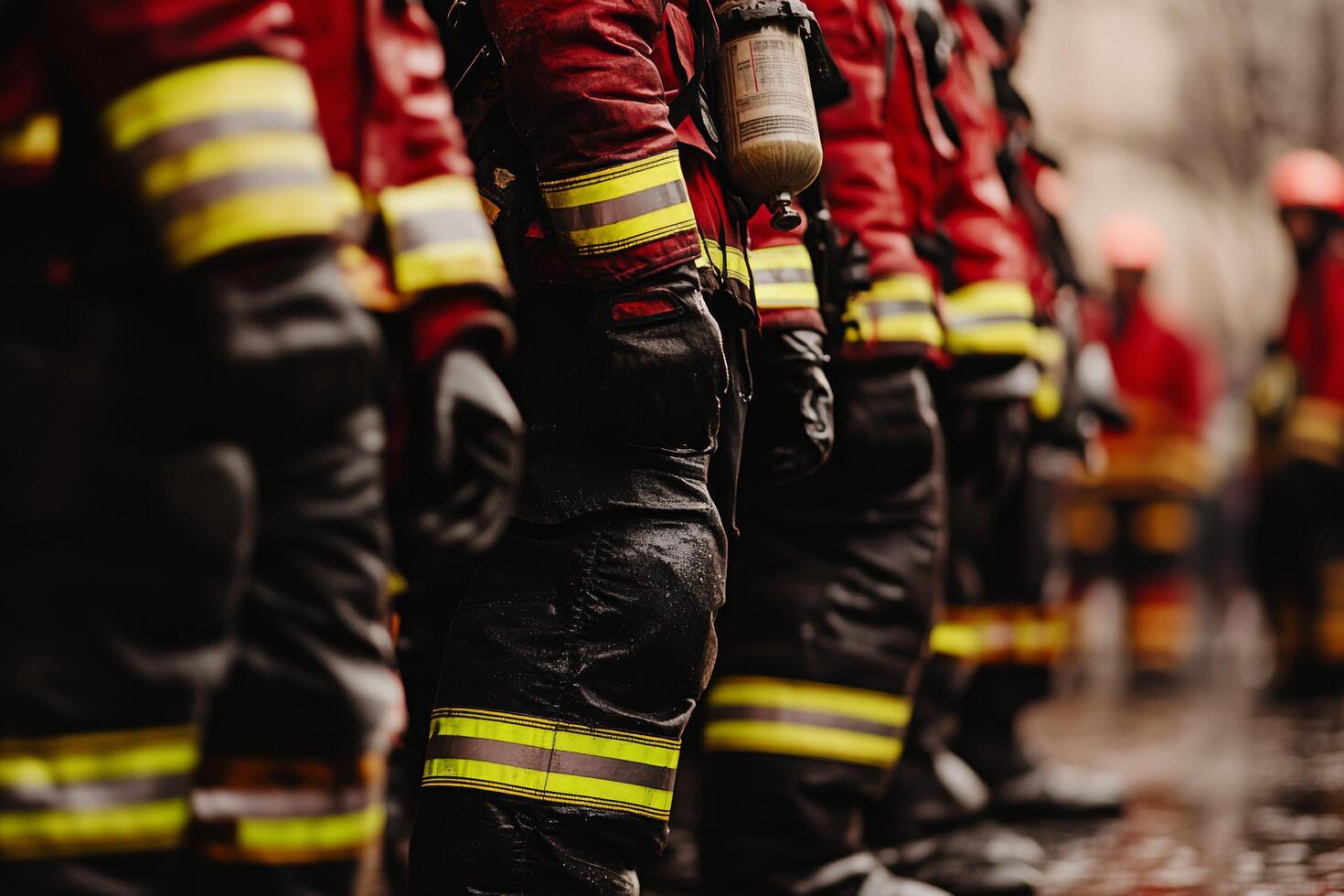 A group of firemen standing in a row photo