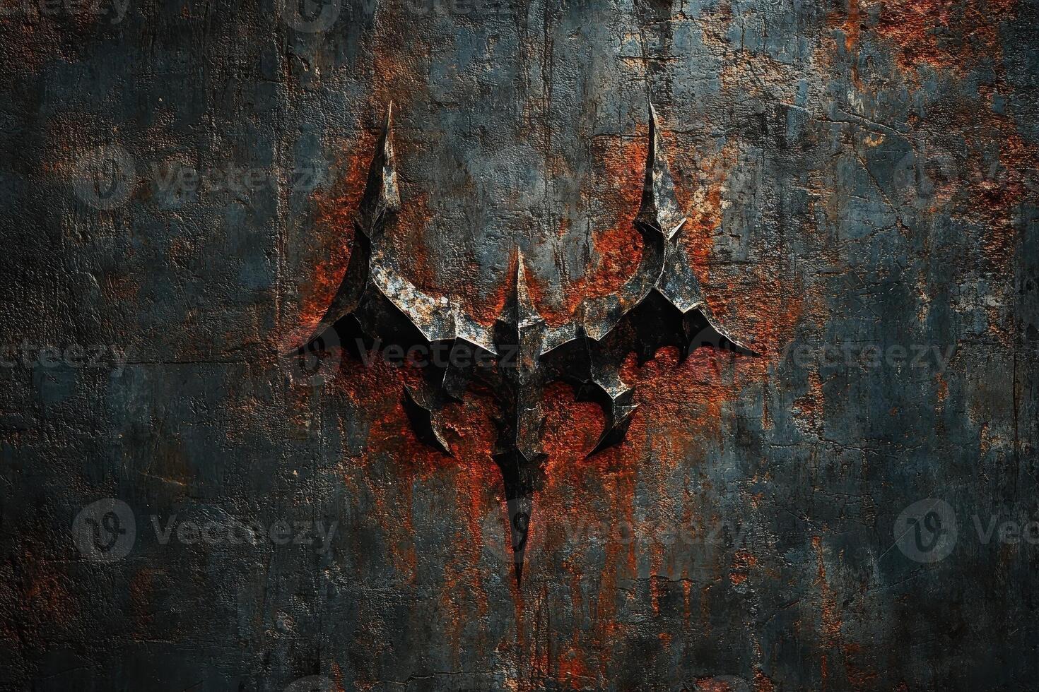 Stylized bat symbol on a weathered and rusty metal surface photo