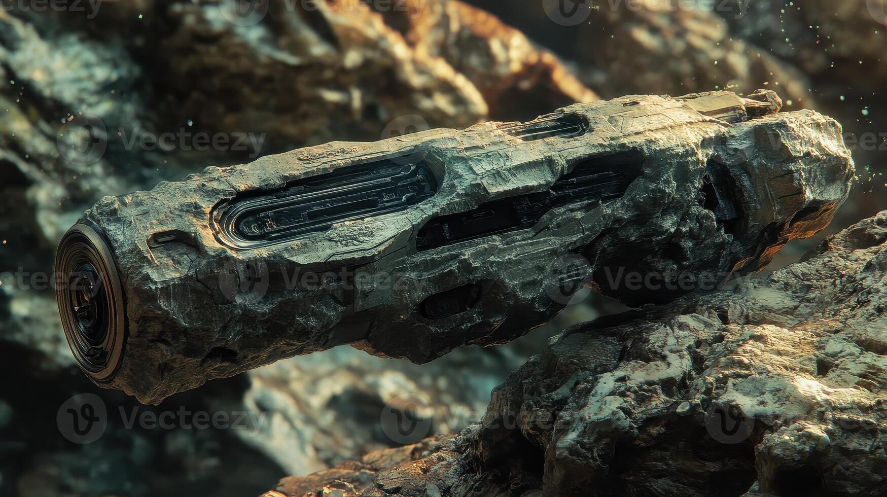 Futuristic cylindrical object rests upon a rocky and barren landscape photo