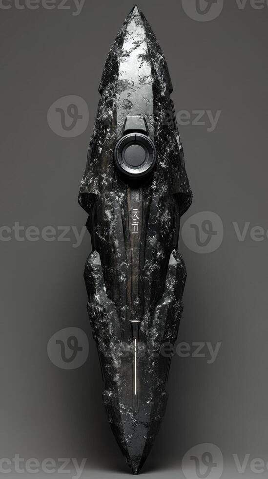 Futuristic obsidian device displaying intricate carvings and technological components photo