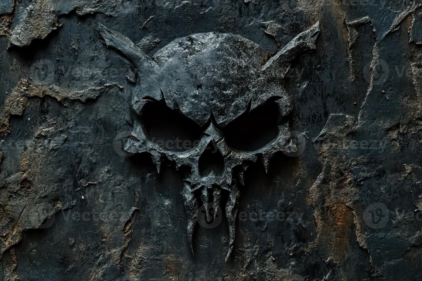 Stone skull with demonic horns on a rough dark background photo