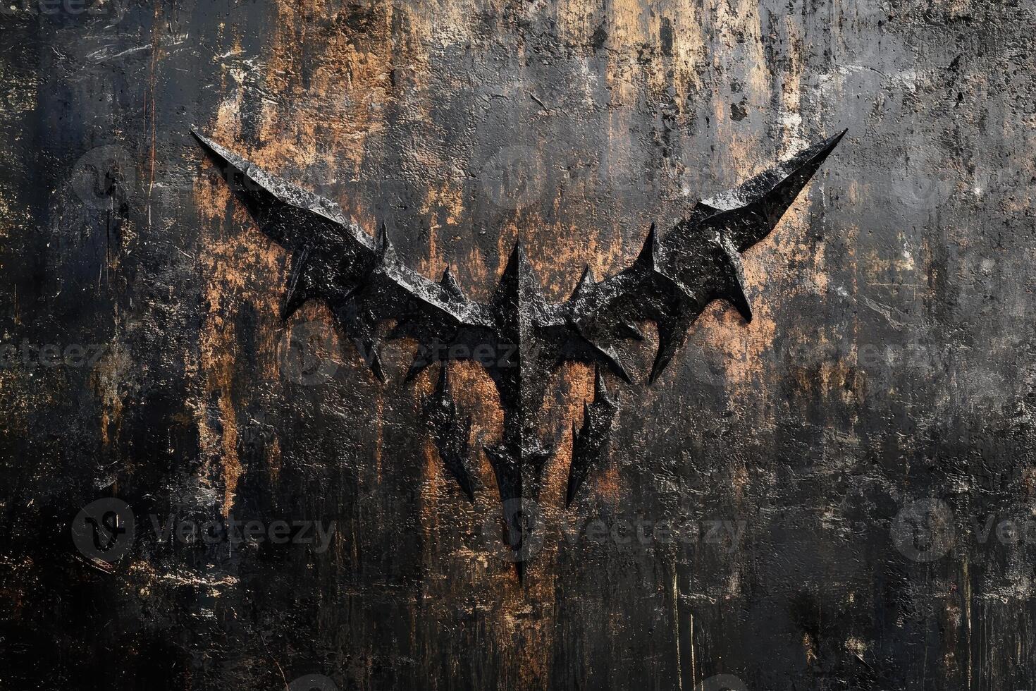 Stylized dark bat emblem on heavily textured and scratched surface photo