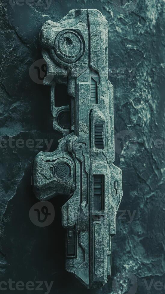 Stone carved futuristic weapon embedded within dark rocky background photo