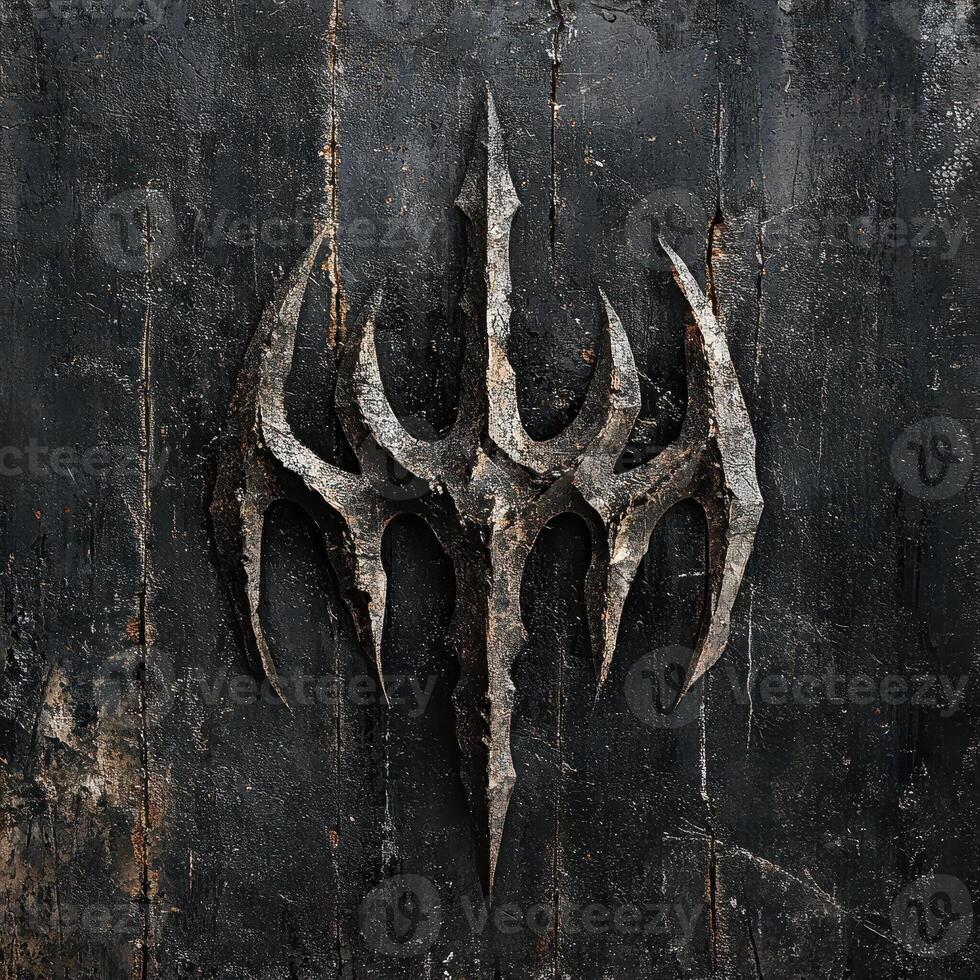 Ornate trident shaped metal emblem on dark wooden surface photo