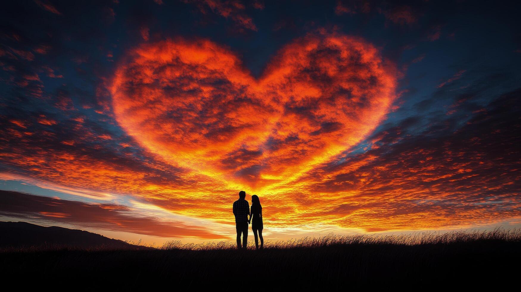 Two people standing in front of a heart shaped cloud photo