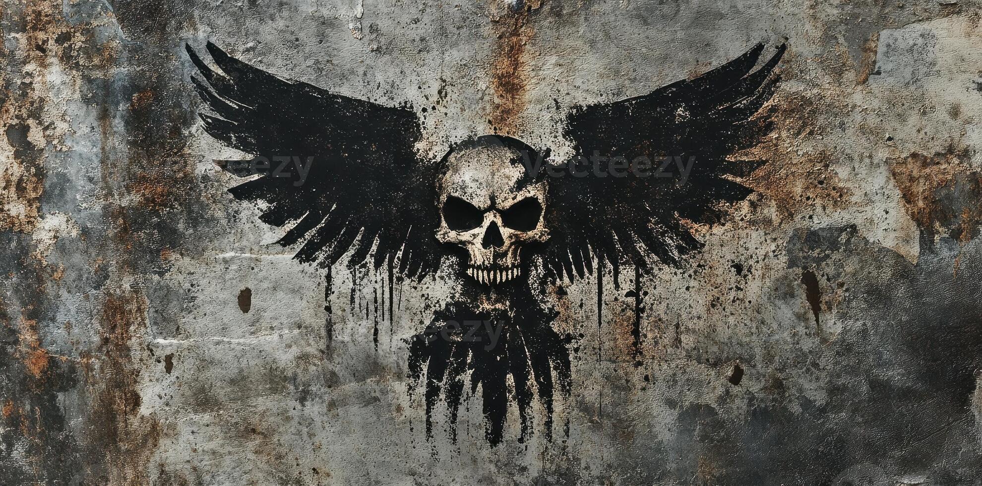 Grunge wall featuring a winged skull painted in black photo