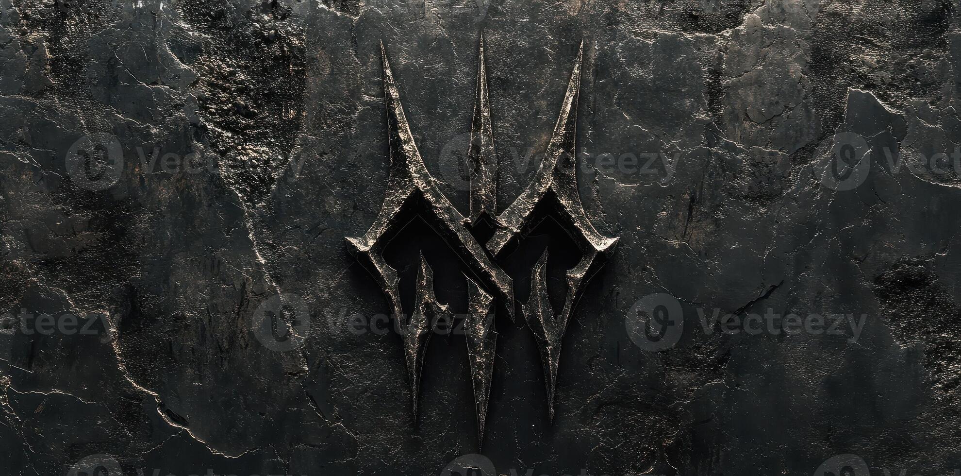 Intricate dark emblem sculpted onto a textured stone surface photo