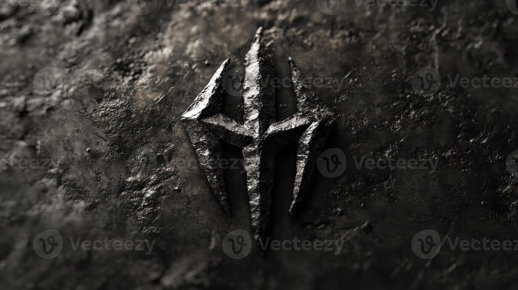 Dark emblem of three prongs rests on stone texture photo