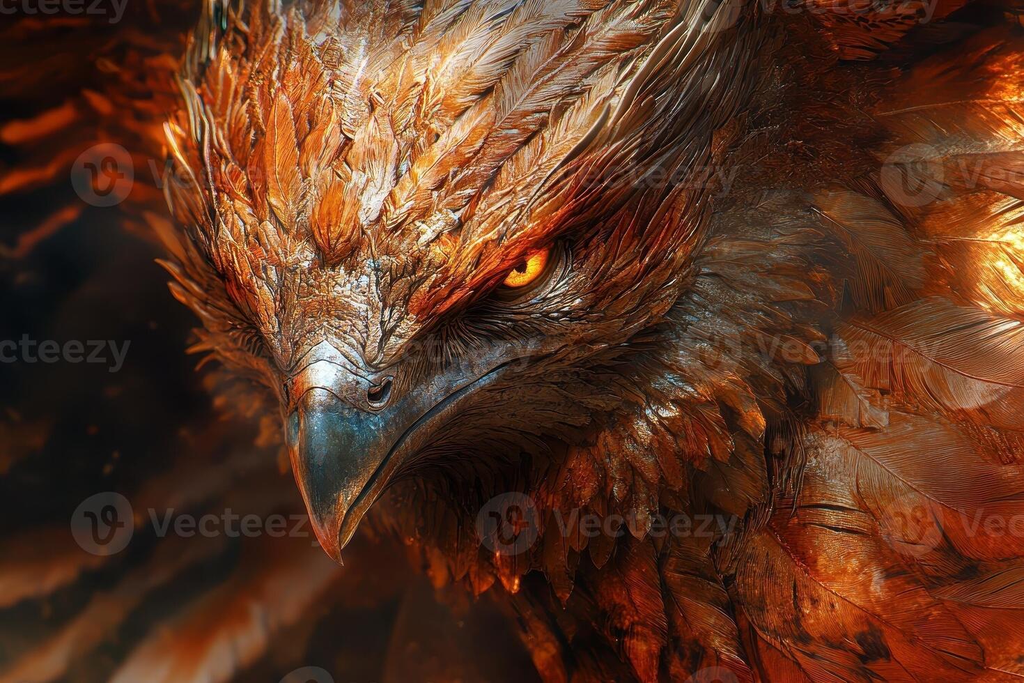 Majestic phoenix with fiery plumage stares intensely forward photo