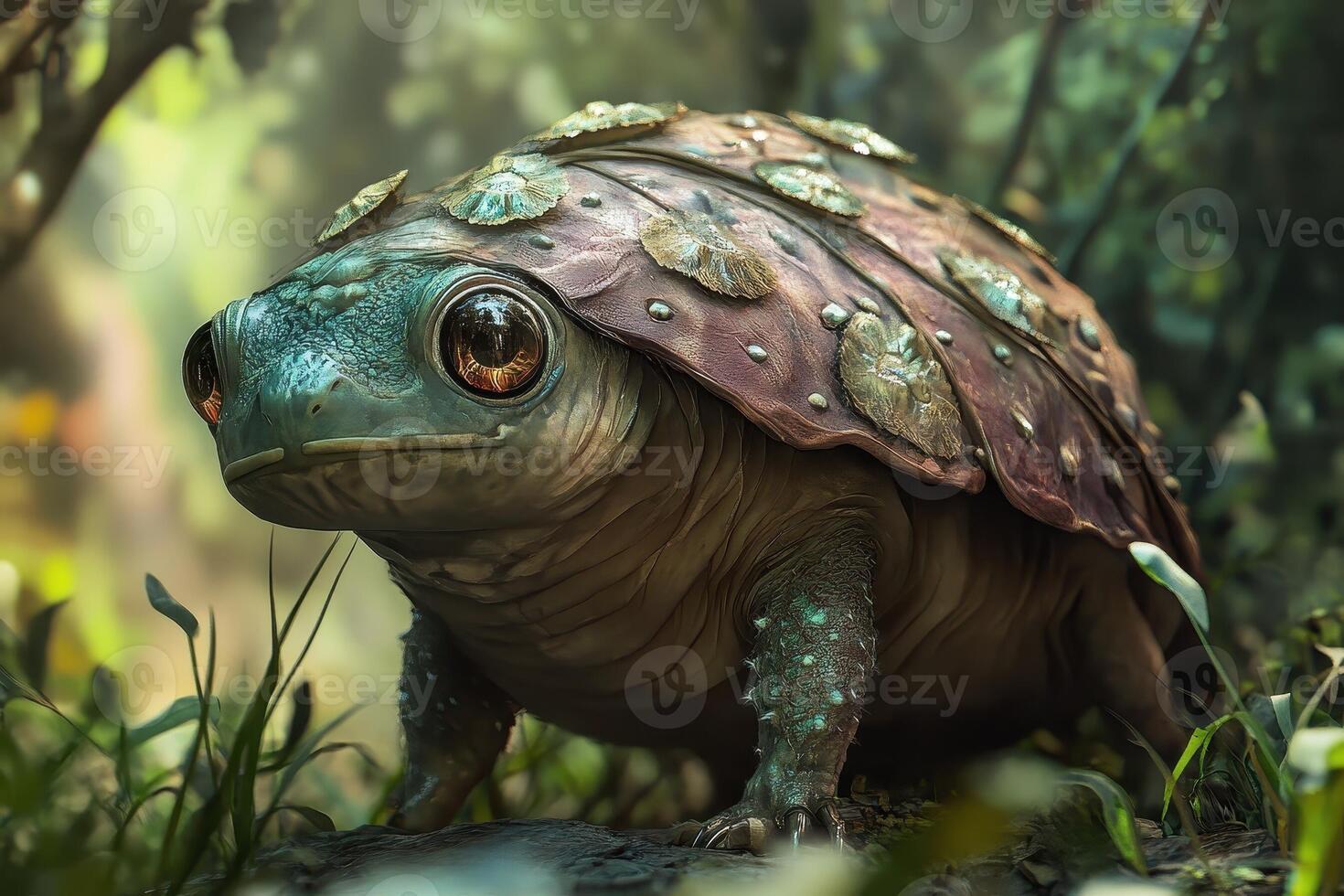 A fantastical tortoise with a leaf and petal adorned shell photo