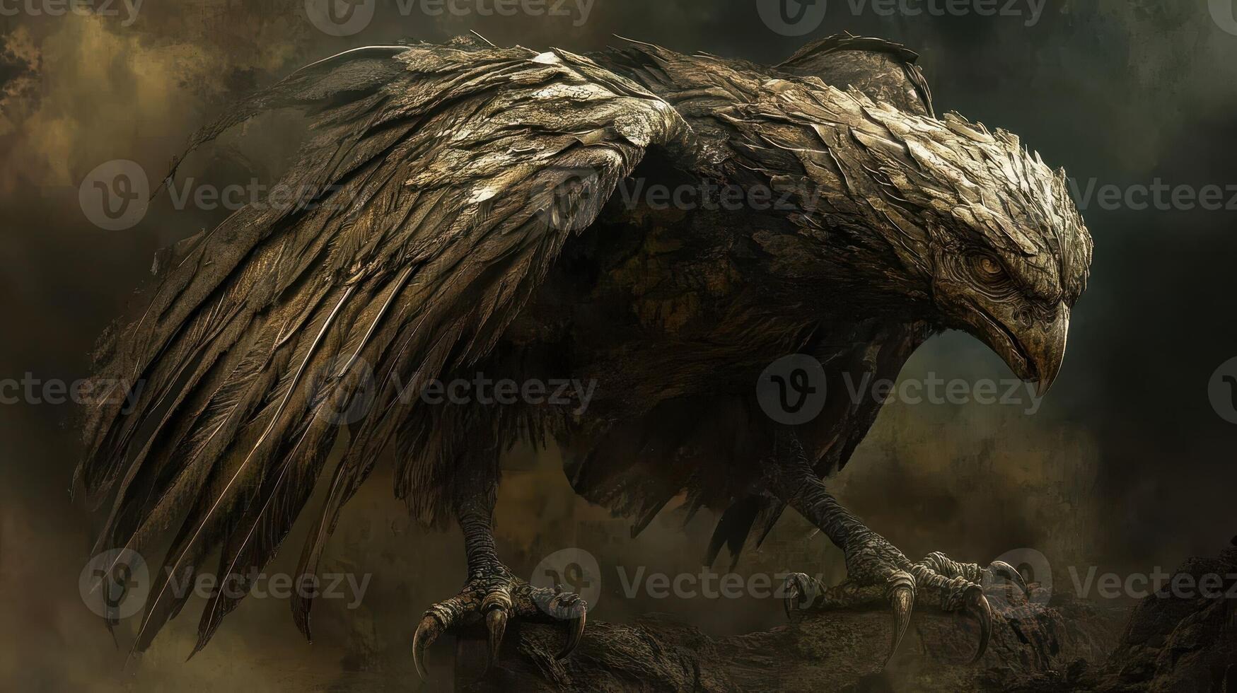 A formidable eagle stands perched ready for flight photo