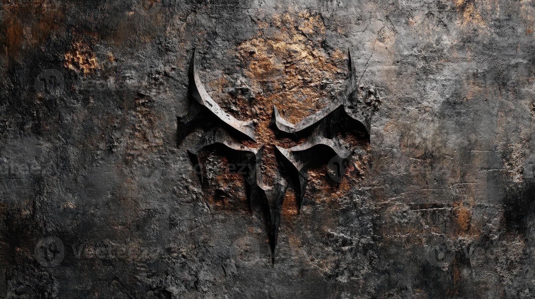 An ominous carved skull symbol adorns a textured stone surface photo