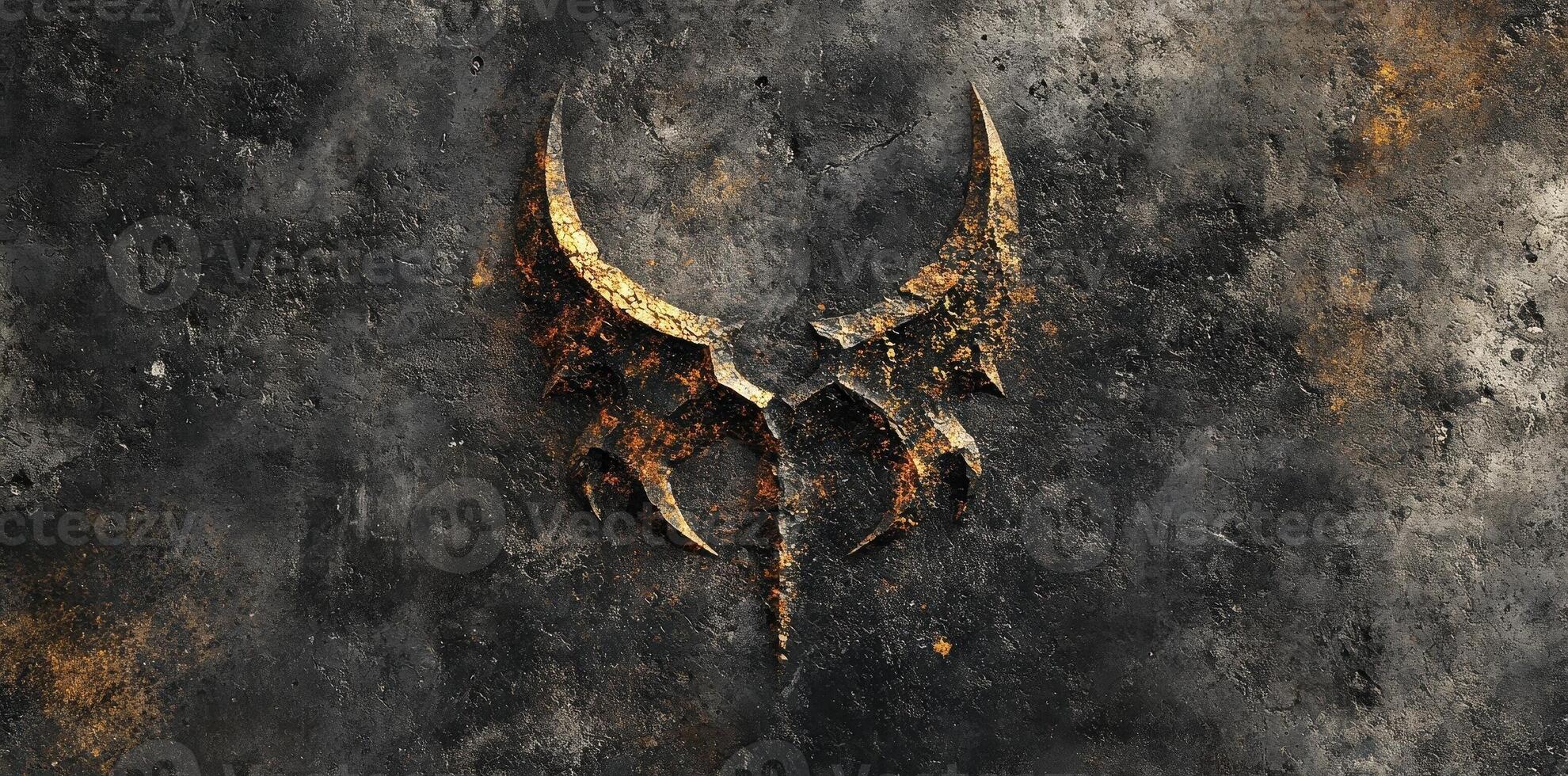 Ornate and aged emblem affixed on a textured dark surface photo
