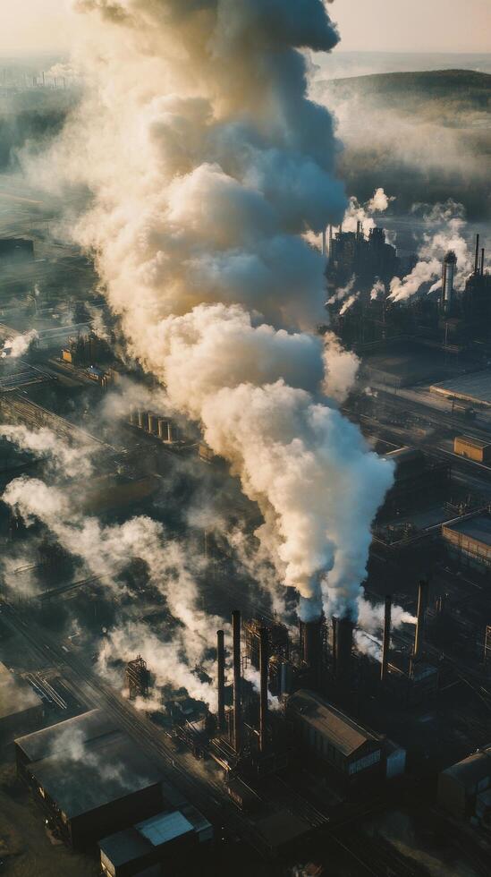 An aerial view of a factory with smoke coming out photo