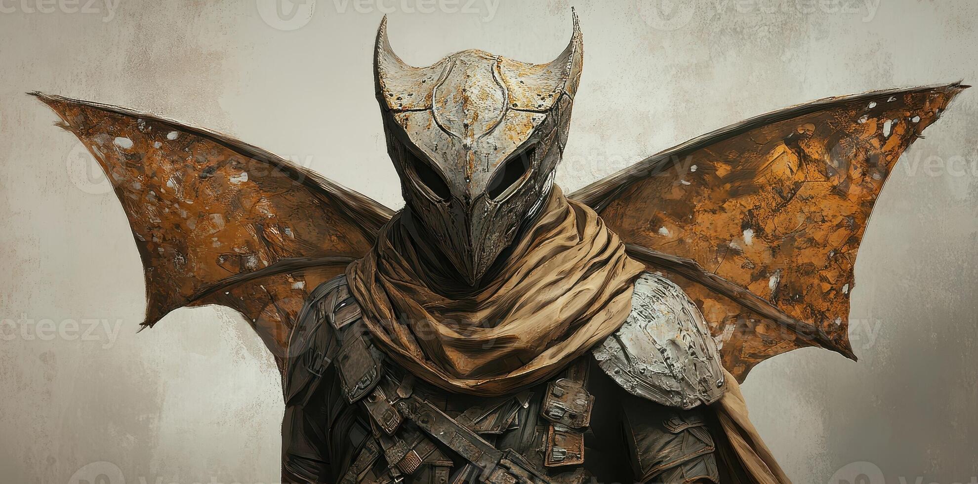 Ornithomorphic warrior wearing helmet armor wings and draped scarf photo