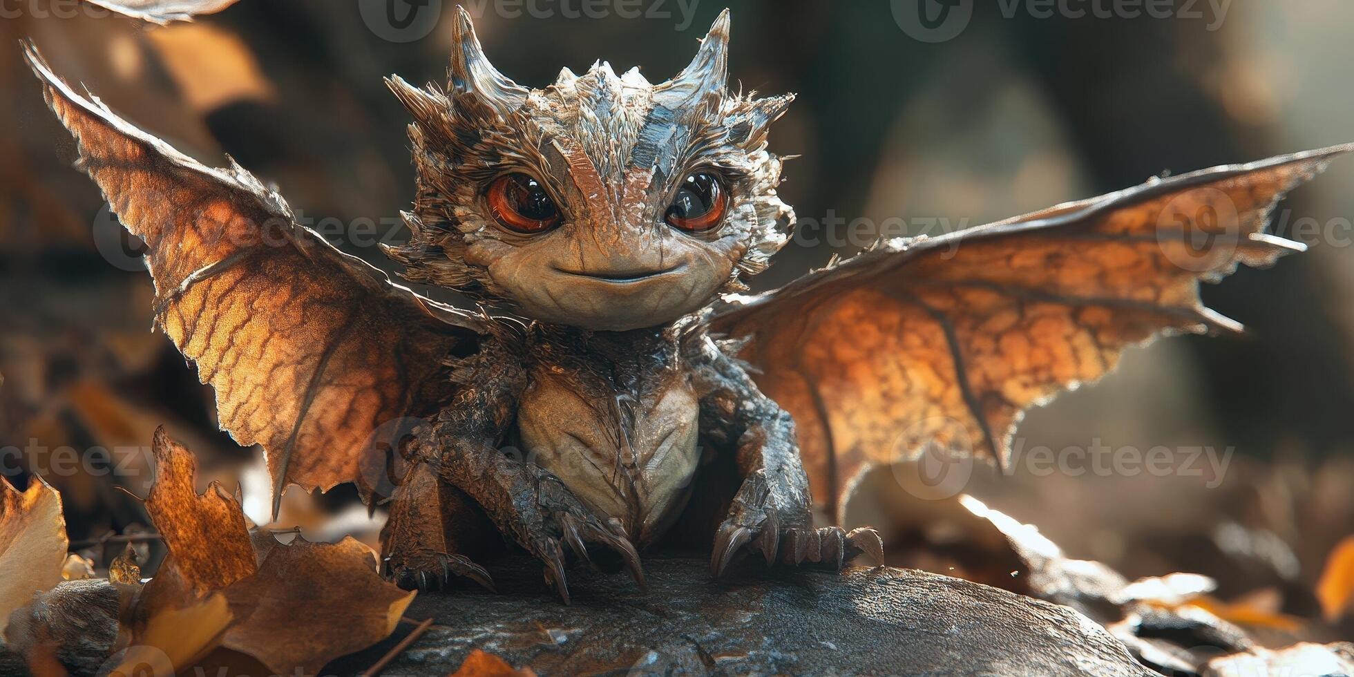 Cute baby dragon with amber eyes sits on rock photo