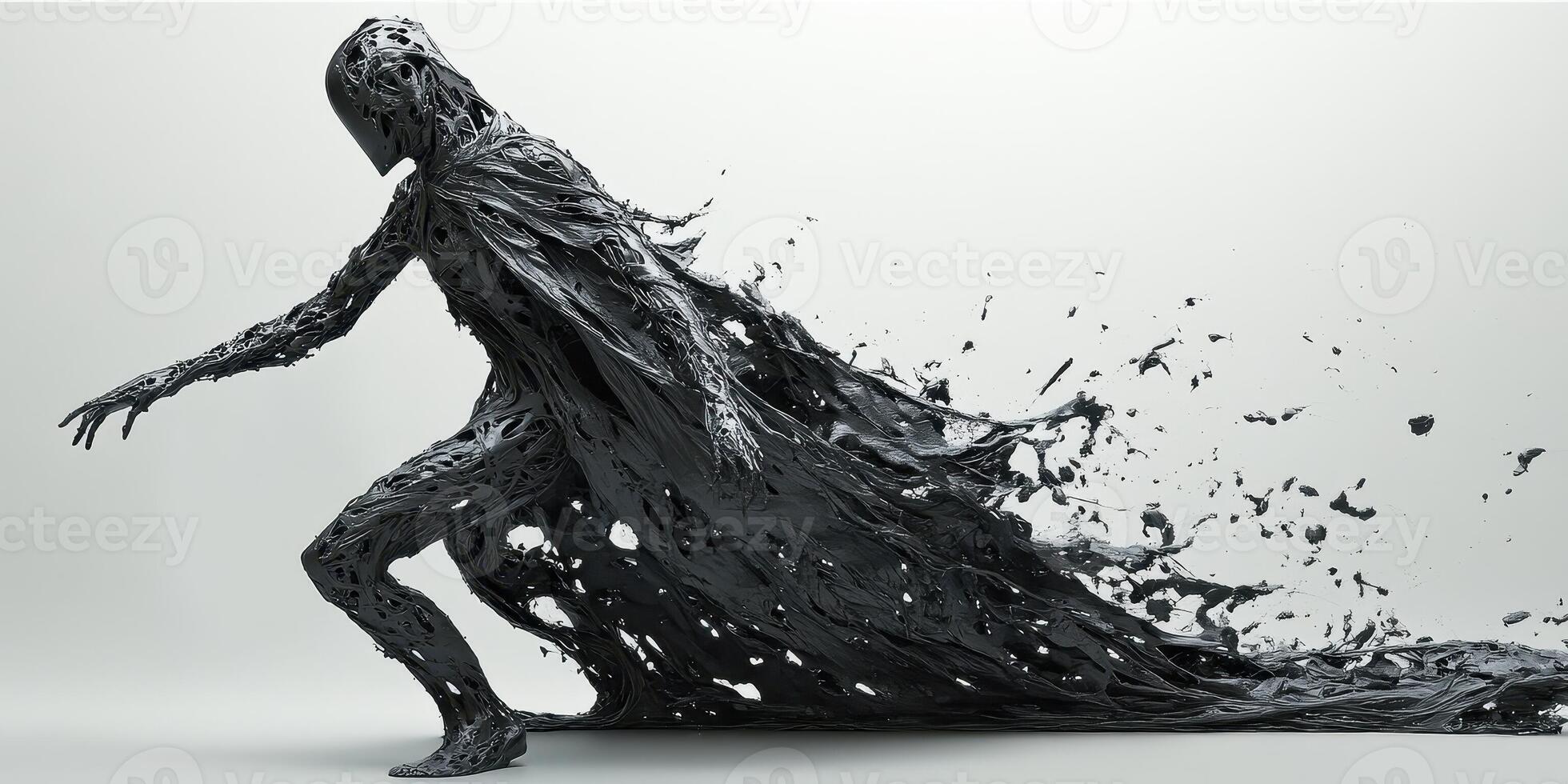 Dark figure in motion seemingly dissolving or breaking apart photo