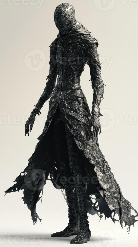 Dark mysterious cloaked figure stands tall against a plain backdrop photo
