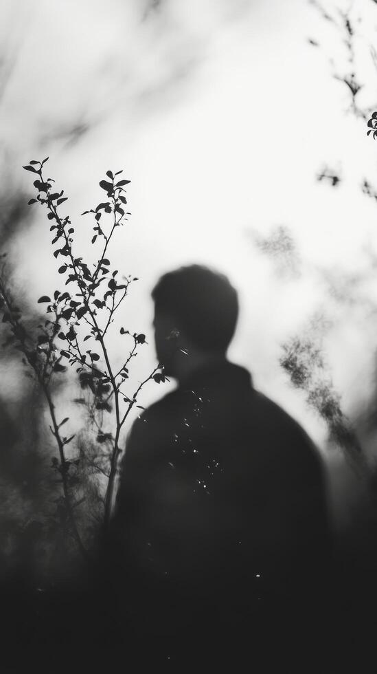 A silhouette of a person standing in front of a tree photo