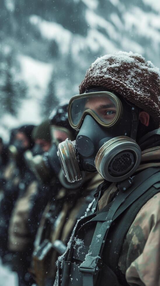 A group of soldiers wearing gas masks photo