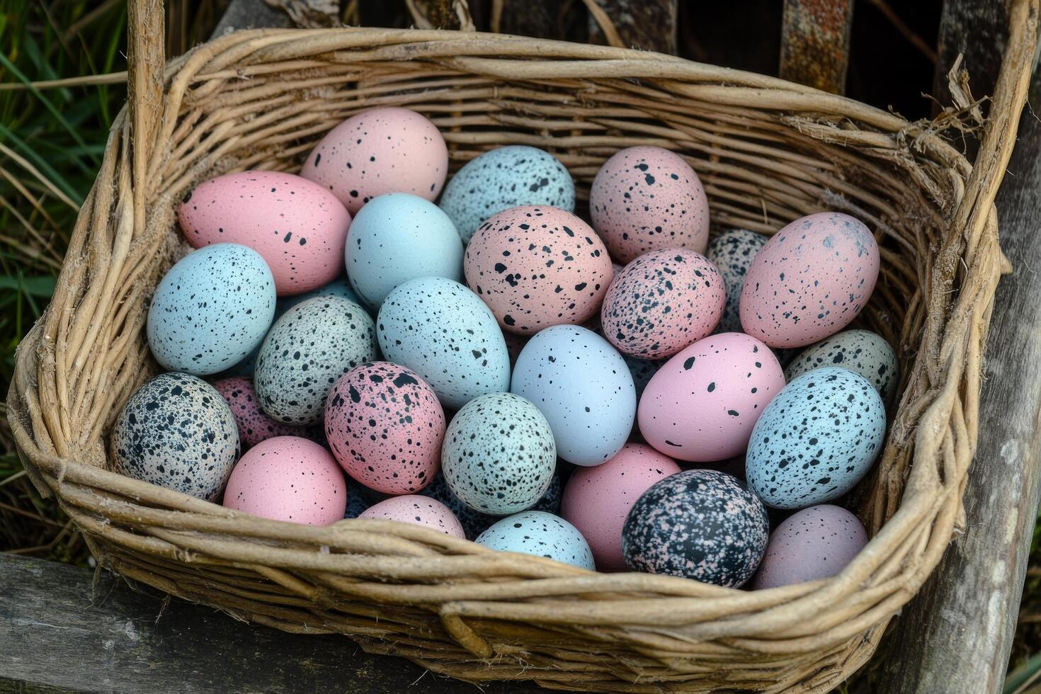 A basket filled with speckled eggs photo
